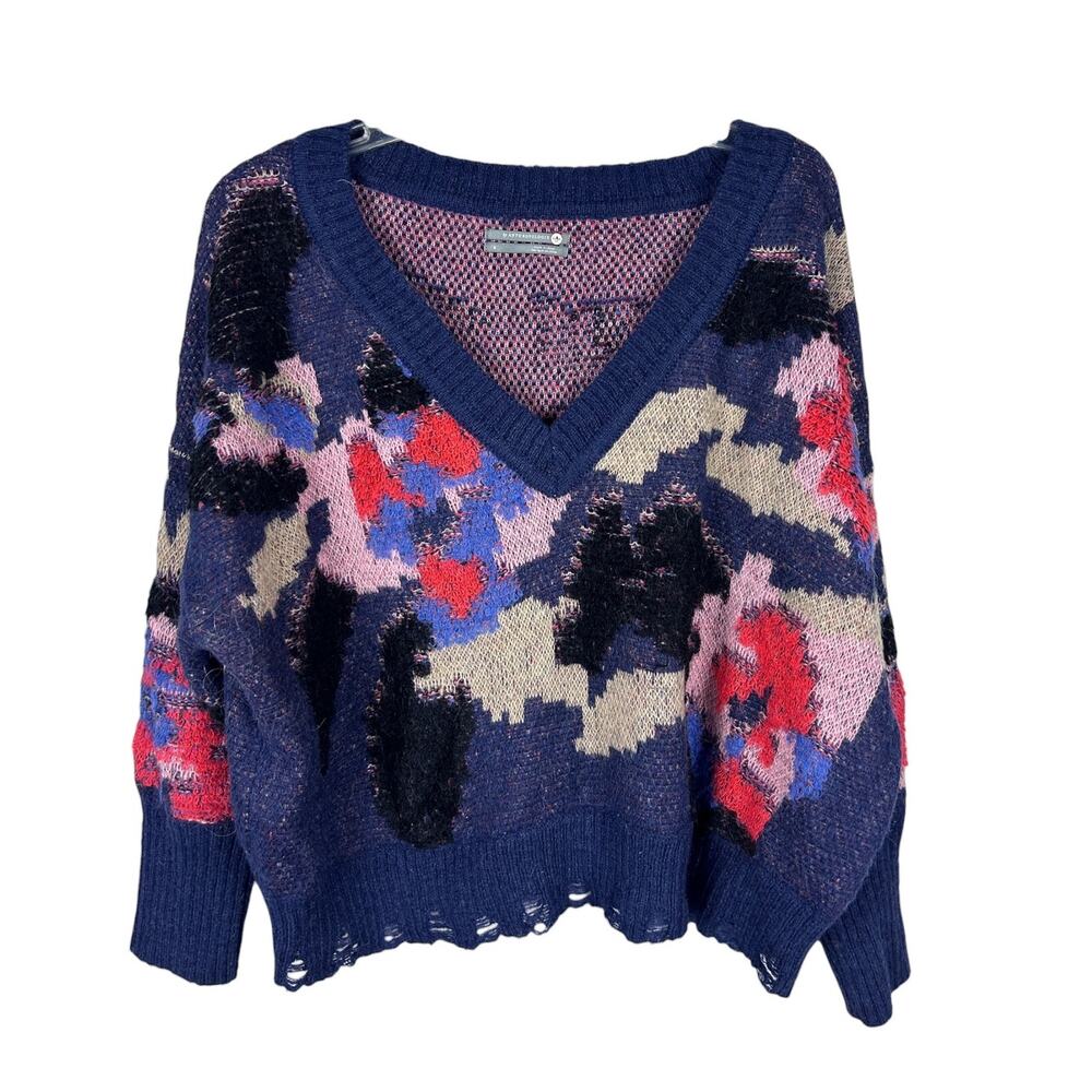 Anthropologie Long Sleeve Wool Blend Abstract V Neck Distressed Sweater S